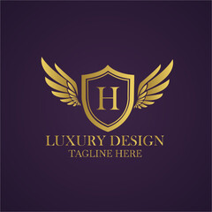 Elegant luxury logo design with letter h, golden shield and wings for brand identity and business card