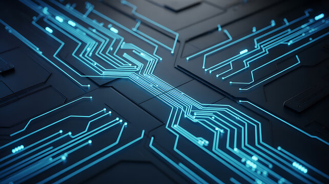 Abstract glowing blue circuit board pathways representing data flow and digital technology connections - Powered by Adobe