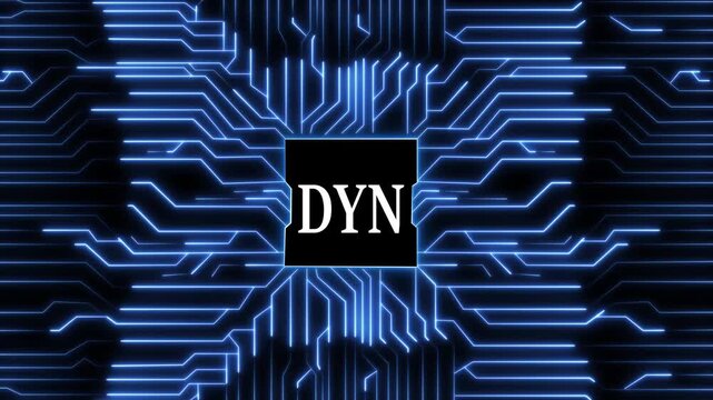 Futuristic circuit board design with the letters dyn in the center, representing dynamic systems, showcasing a modern technology concept with glowing blue lines and a dark background, digital illustra