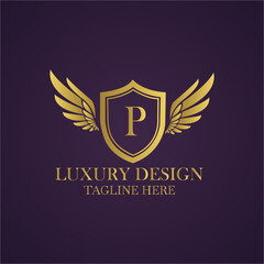 Elegant golden luxury logo design with letter p, shield and wings on a dark purple background