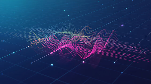 Abstract digital wave of glowing particles and lines forming a vibrant futuristic network on a dark blue background