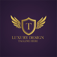 Elegant golden logo design with letter t, wings and shield on a dark purple background luxury design