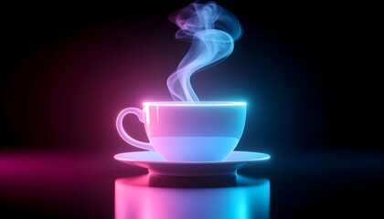 Holographic cup and steam glowing with neon pink and blue volumetric light on a black background.