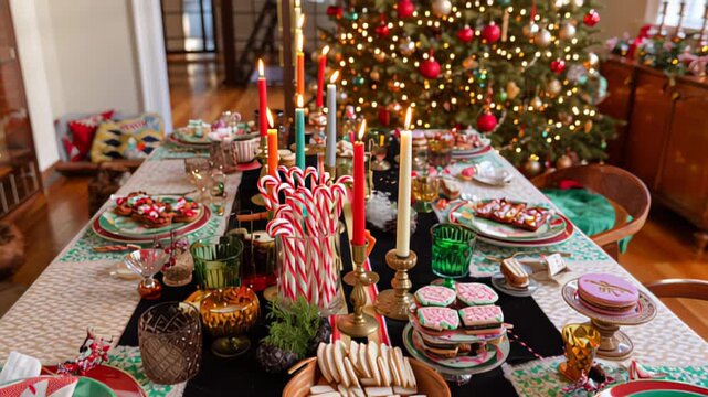 Festive holiday dining table with candles, sweets, and Christmas decorations