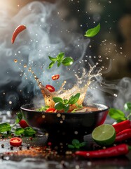 Hyperrealistic explosion shot of Tom Yum soup splashing, with chilis, lime, and herbs hovering mid-air.