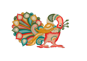 Naklejka premium Detailed Indian Folk Peacock Illustration PNG | Ethnic Decorative Bird Art with Shadow Detailing...