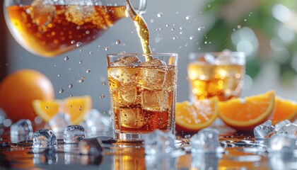 Iced tea is poured into a glass filled with ice, captured mid-pour with a splash of droplets and surrounded by scattered ice and orange slices.
