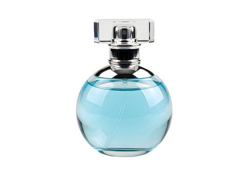 Elegant glass perfume bottle with blue liquid isolated on transparent background