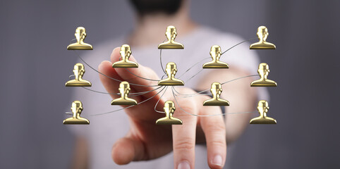 Visual of a person connecting a network of people. Symbol of communication, team, networking, and building relationships for business. Concept o