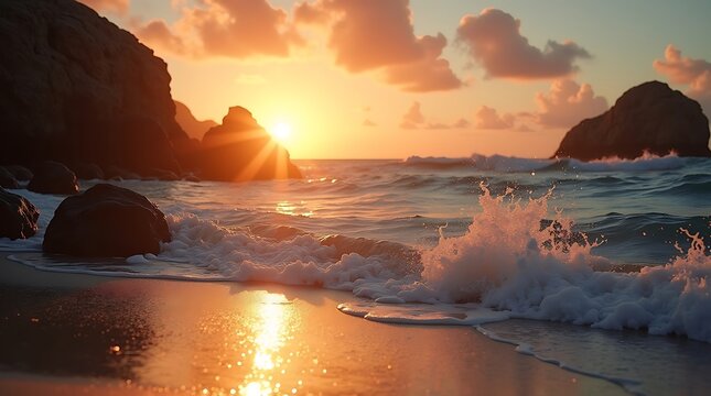 Dramatic sunset over the ocean with waves breaking on a sandy shore and rocky formations - Powered by Adobe