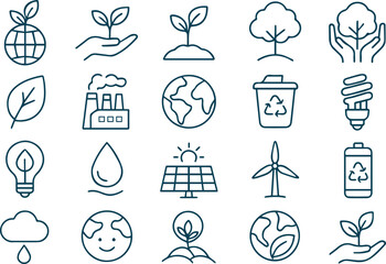 Line art illustration of various ecology and environment icons isolated on white background © NOMAN