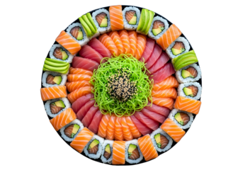 Circular sushi platter with fresh ingredients isolated on transparent background