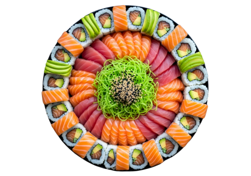 Circular sushi platter with fresh ingredients isolated on transparent background - Powered by Adobe