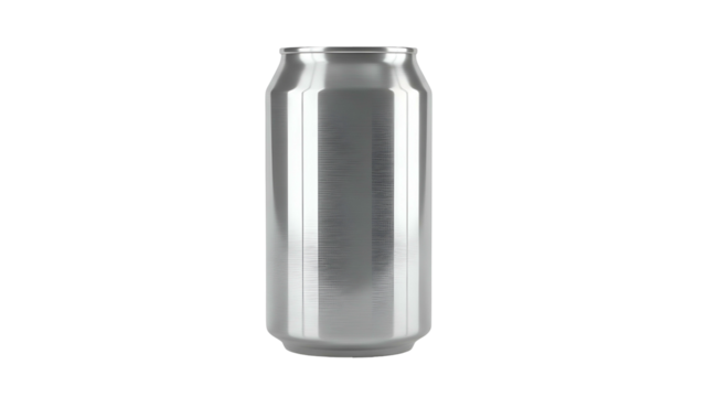 Cylindrical metallic beverage container rendered in three dimensions against a dark backdrop