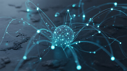 Abstract glowing blue neural network with interconnected nodes representing data and communication