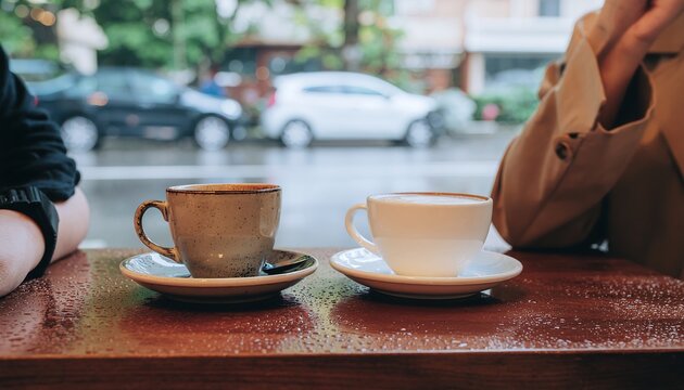 Two cups of coffee on a wet cafe table, with soft focus and a rainy street view