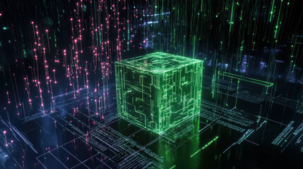 Digital cube illuminated with green lines and binary code, set in a futuristic finance concept, showcasing technology and innovation