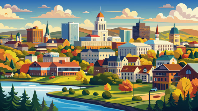 Very beautiful view of Augusta, Maine, USA, featuring the downtown skyline, riverside scenery, historic architecture, and calm natural surroundings in a realistic and peaceful landscape.