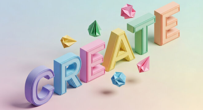 Inspiring colorful CREATE letters with origami shapes promote innovation and artistic vision perfect for education, design, or creative business campaigns