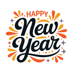 Festive happy new year lettering with colorful details, perfect for greeting cards, banners, and social media posts to celebrate the new year
