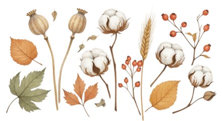 Botanical autumn harvest arrangement of dried seed pods cotton bolls and leaves isolated on transparent background