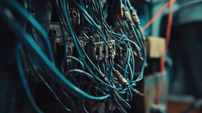 Close-up of tangled electrical wires and components.
