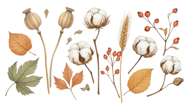Botanical autumn harvest arrangement of dried seed pods cotton bolls and leaves isolated on transparent background