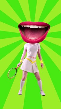 Quirky animation. Tennis player with giant mouth head dancing on green burst background. Concept of communication, expression, pop-art surrealism, and media advertising design.