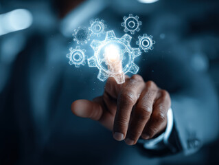 Male professional engages with virtual gears, symbolizing finance and technology integration, in a modern workspace environment