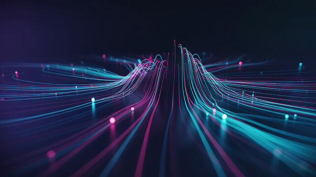 Abstract digital network of glowing blue and pink lights creating a futuristic cityscape or data stream