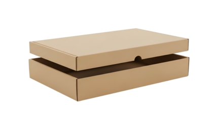 Flat, rectangular cardboard packaging container shown with its lid partially opened against a dark background
