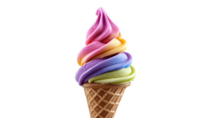 Rainbow soft serve ice cream cone isolated on a transparent background