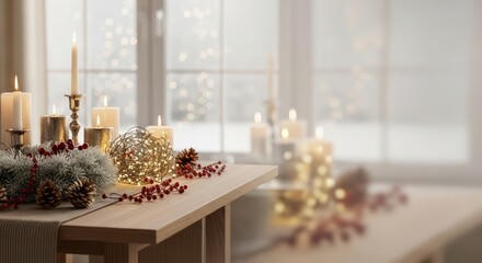 Elegant Christmas tabletop display with candles, lights and festive garland