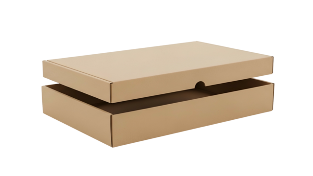 Flat, rectangular cardboard packaging container shown with its lid partially opened against a dark background