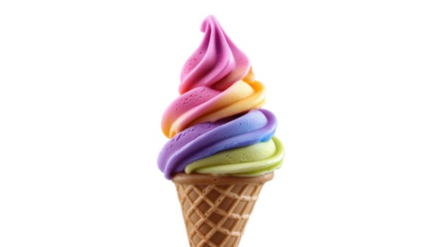 Rainbow soft serve ice cream cone isolated on a transparent background - Powered by Adobe