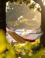 A hammock gently sways between two trees by the roadside