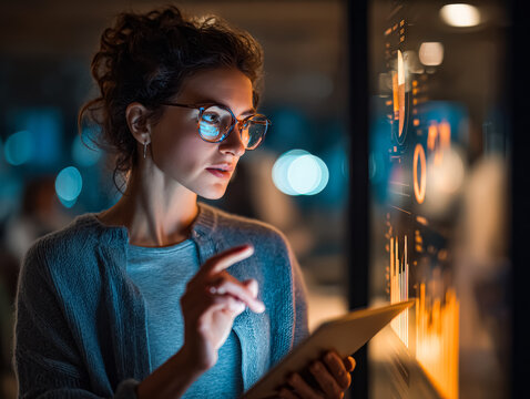 Female professional is engaged in financial analysis using a tablet, surrounded by digital graphs and a contemporary office atmosphere