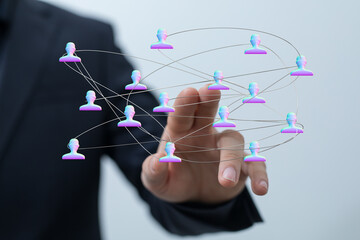 Abstract illustration of digital network connections and human social connections. Concept of communication, networking, teamwork, and business.