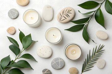 Still life composition of burning candles, smooth stones, and tropical leaves. Zen spa mood representing balance, inner peace, and holistic wellbeing.