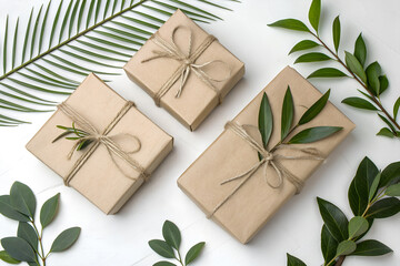 Eco-friendly gift boxes wrapped in kraft paper with natural green leaves. Minimalistic design concept for sustainability, holidays, and mindful lifestyle.