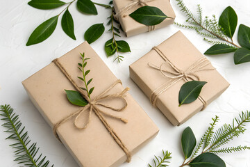 Natural kraft paper gift boxes decorated with green leaves and twine on white background. Minimal sustainable concept for conscious holidays and lifestyle.