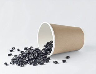 Roasted coffee beans spilling from a disposable brown paper cup on a clean white background.