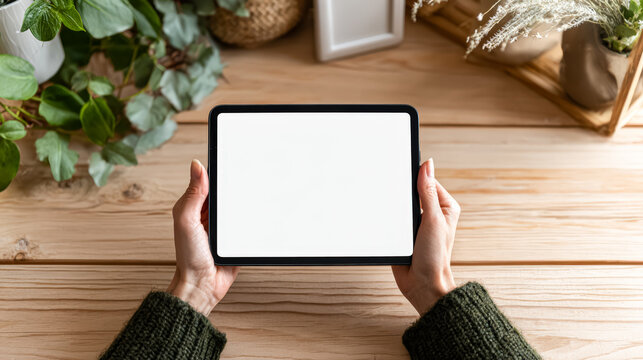 Hands are holding a tablet with a blank screen on a wooden table, surrounded by plants and decorative items, creating a serene workspace atmosphere