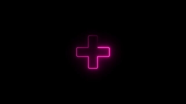 Glowing pink neon plus sign drawing animation. Technology interface addition. Medical healthcare symbol. 4K motion graphic.