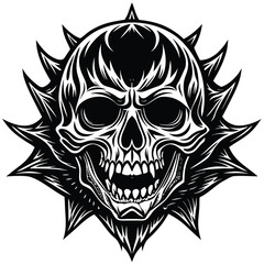 Detailed black and white gothic skull illustration with intricate details and a dark aesthetic
