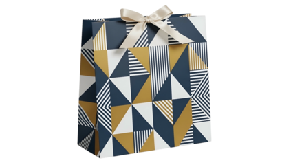 Decorative paper container features an abstract geometric pattern and a satin bow closure against a dark background