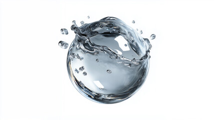 Clear Water Sphere with Bubbles and Vigorous Splash Isolated on Pure White Background