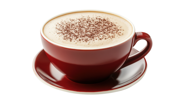 Red cup cappuccino with cocoa powder isolated on a transparent background