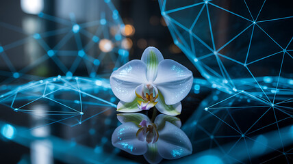 Delicate white orchid flower at the center of a glowing blue digital network grid with reflections