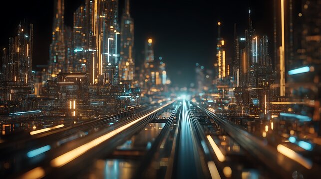 Futuristic neon city skyline with glowing train tracks at night image photo